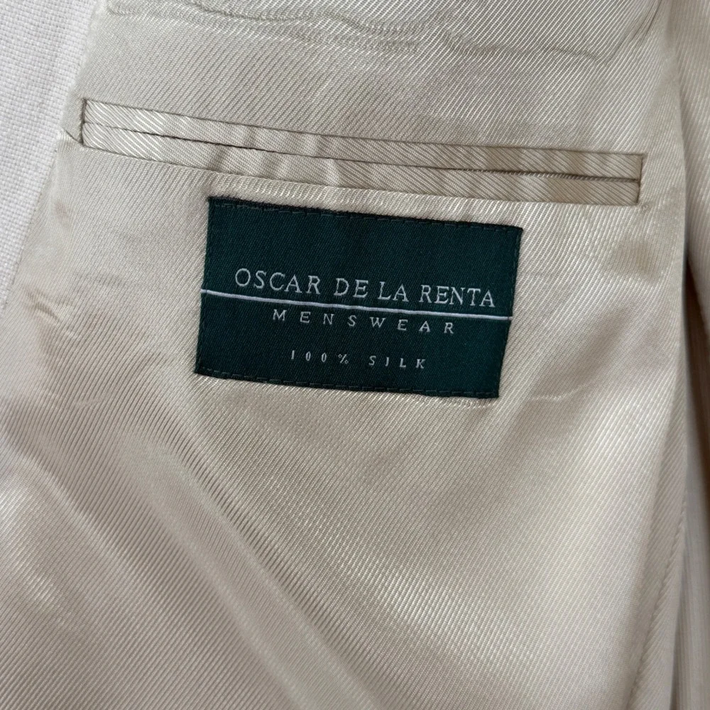 Oscar de la Renta Mens 46R Blazer Sport Coat 100% Silk Tan Beige 2 Button Jacket